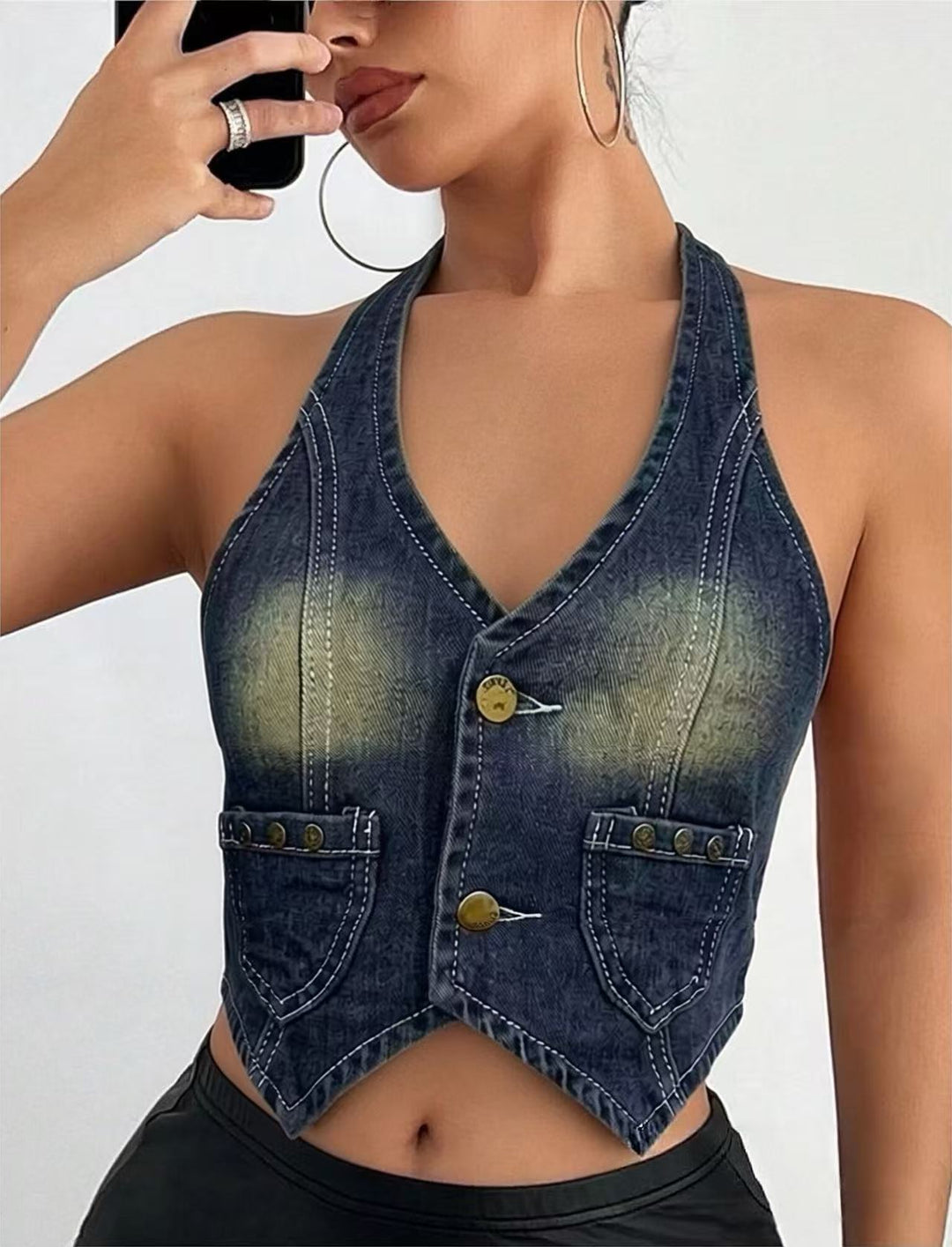 Dame Denim Bustier-Jakke med knapdetaljer og påsyede lommer Skovae
