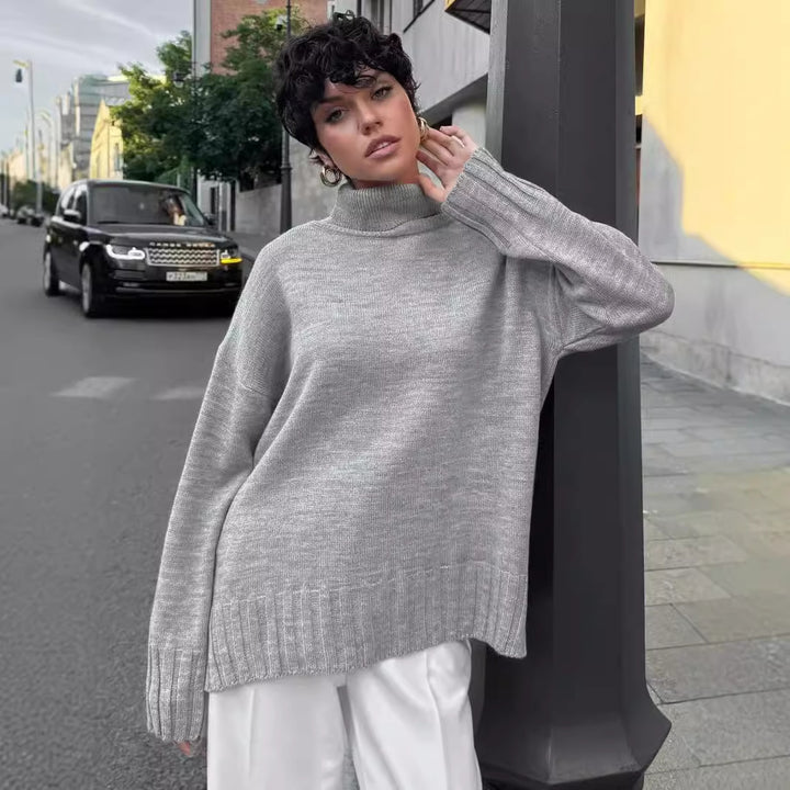 Dame Oversized Strikpullover med høj krave og sidelæringer Stilla