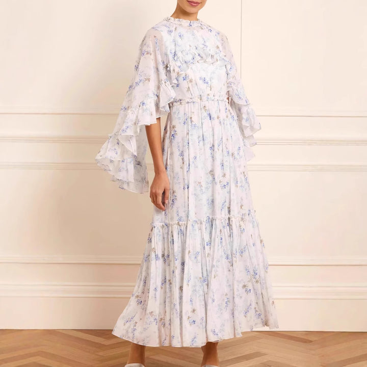 Dame lang, floral Maxikjole med flæsedetaljer Stilla