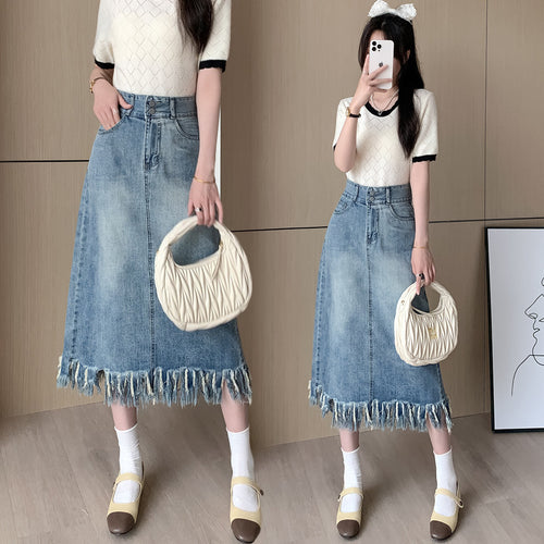 Kvindernes denim midi nederdel med frynset nederste Stilla