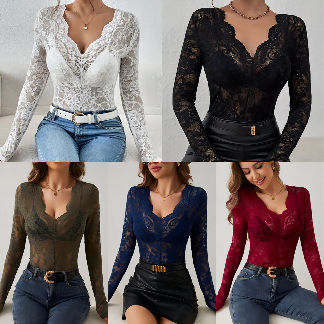 Dame elegant spidsbluse med dyb V-hals og lange ærmer Stilla