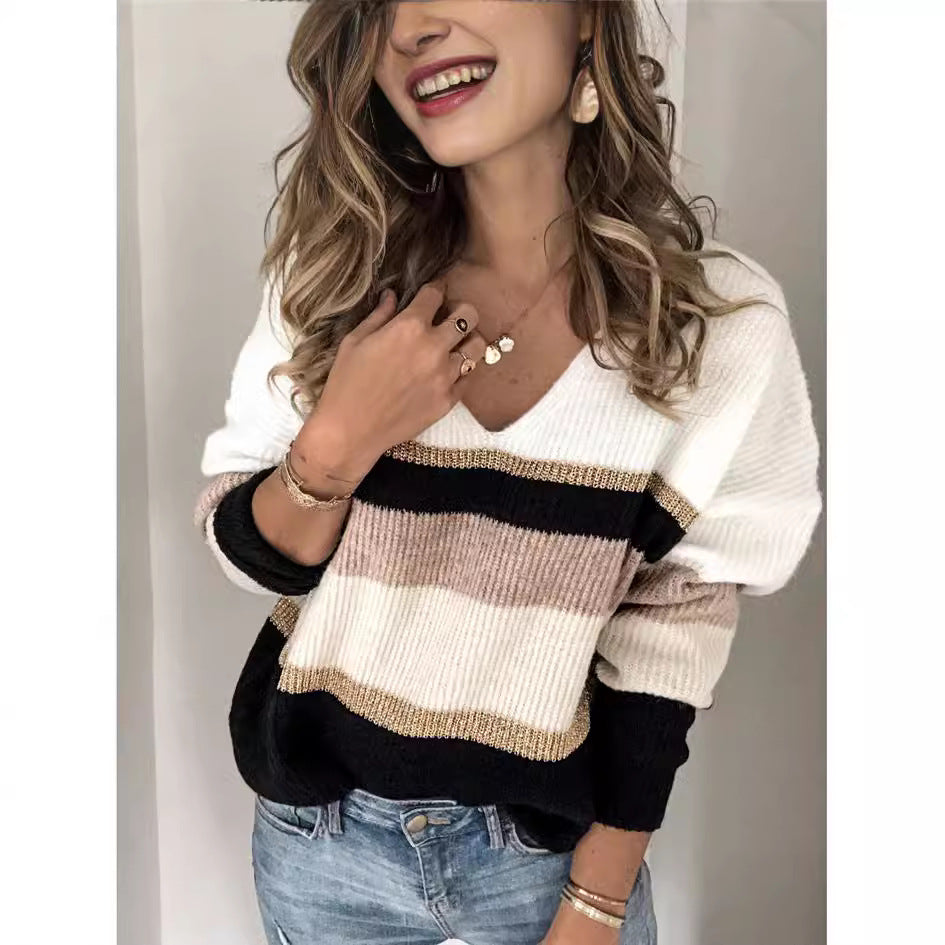 Dame Grovstrik sweater med V-hals og fashionable blokstriber Stilla