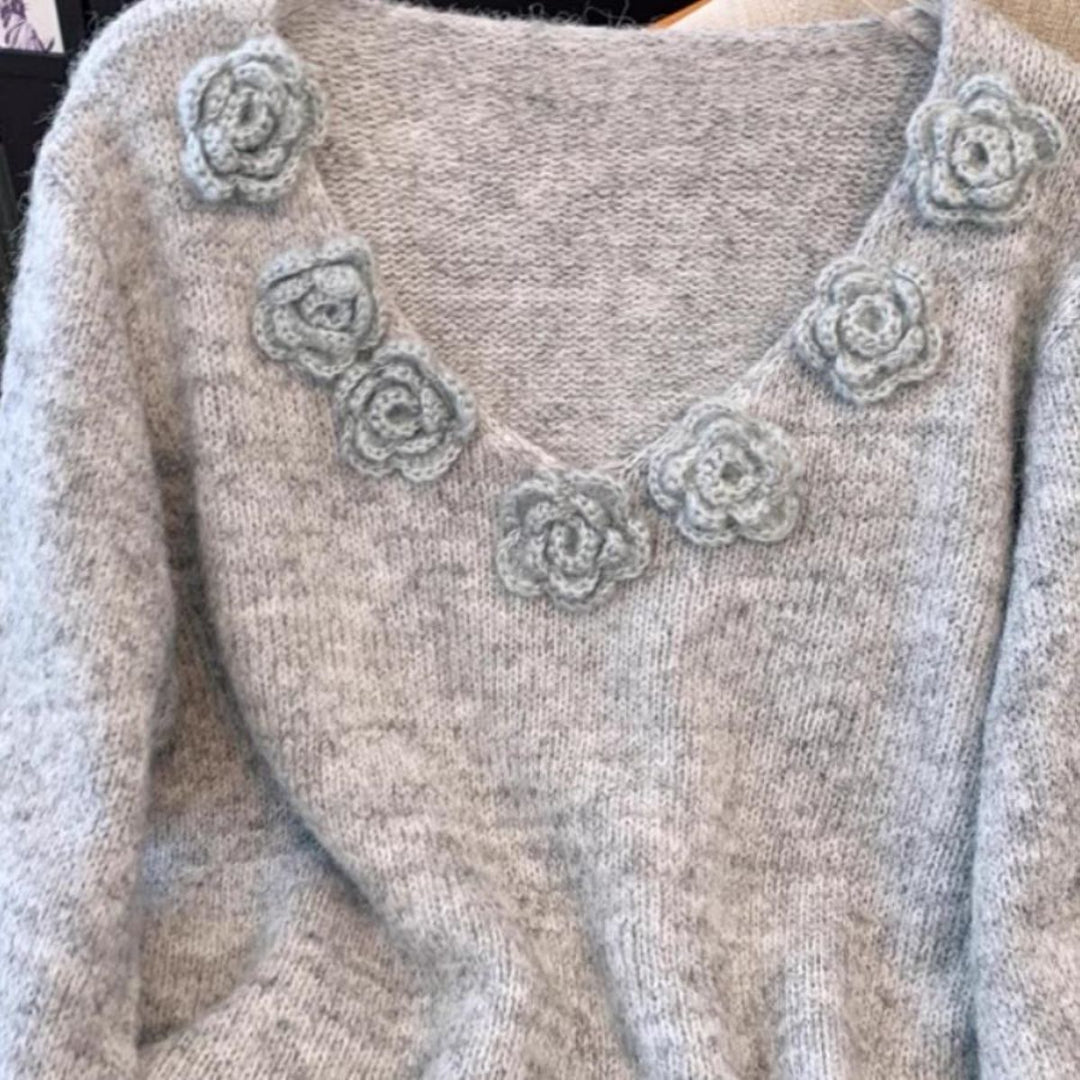Dame strikket trøje med blomstermotiver Stilla