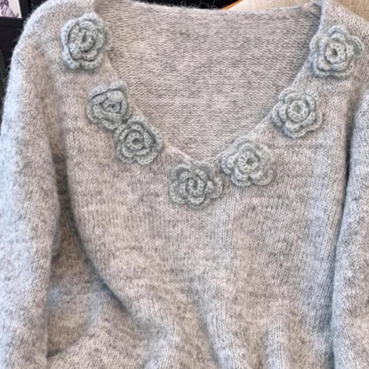 Dame strikket trøje med blomstermotiver Stilla