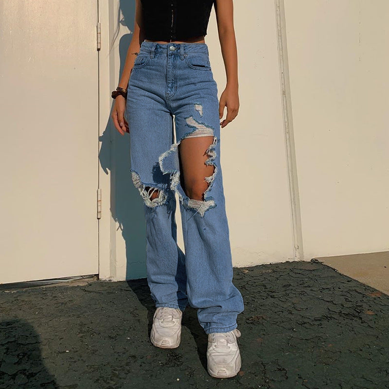 Dame Destroyed Relaxed Fit Jeans med høje lommer Stilla