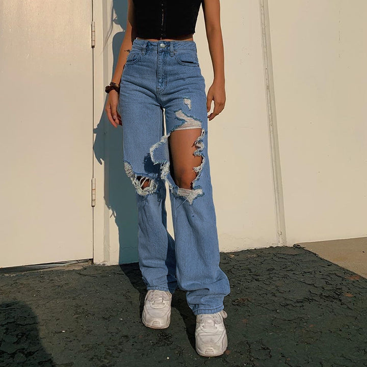 Dame Destroyed Relaxed Fit Jeans med høje lommer Stilla