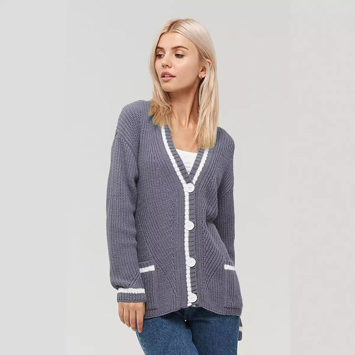 Dame struktureret strik cardigan med kontrastkant Stilla