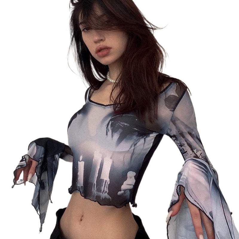 Dame Kunstnerisk Langærmet Crop-Top med klokkeærmer Stilla