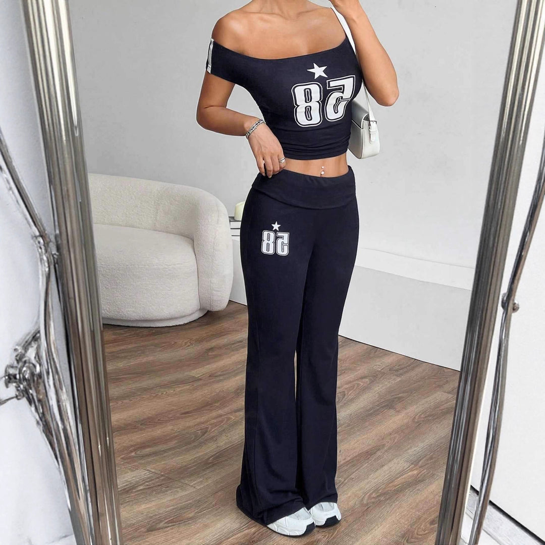 Dame Off-Shoulder Crop-Top og brede bukser sæt Skovae