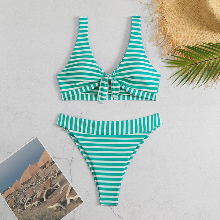 Dame To-delt Bikini-sæt med fashionable knude-detalje og klassisk stribemønster Stilla