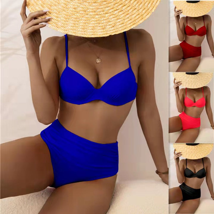 Dame Højtaljet Ensfarvet Bikini Sæt Stilla