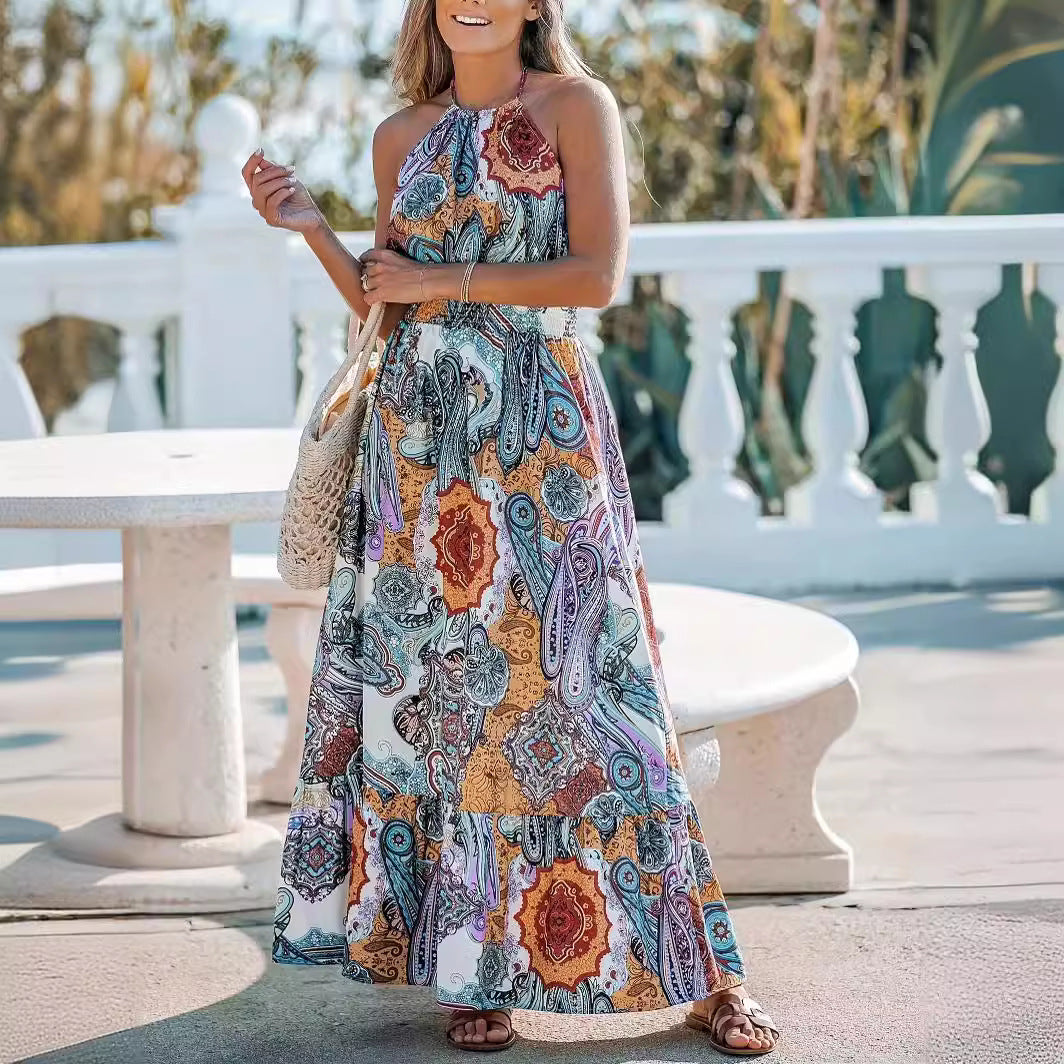 Dame maxikjole i boho-stil med sømløs talje og voluminøs skørt Stilla