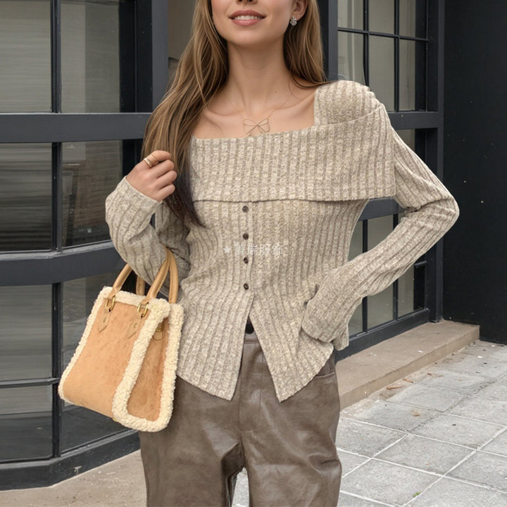Damer ribbet strik top med firkantet halsudskæring og knapdetalje Stilla