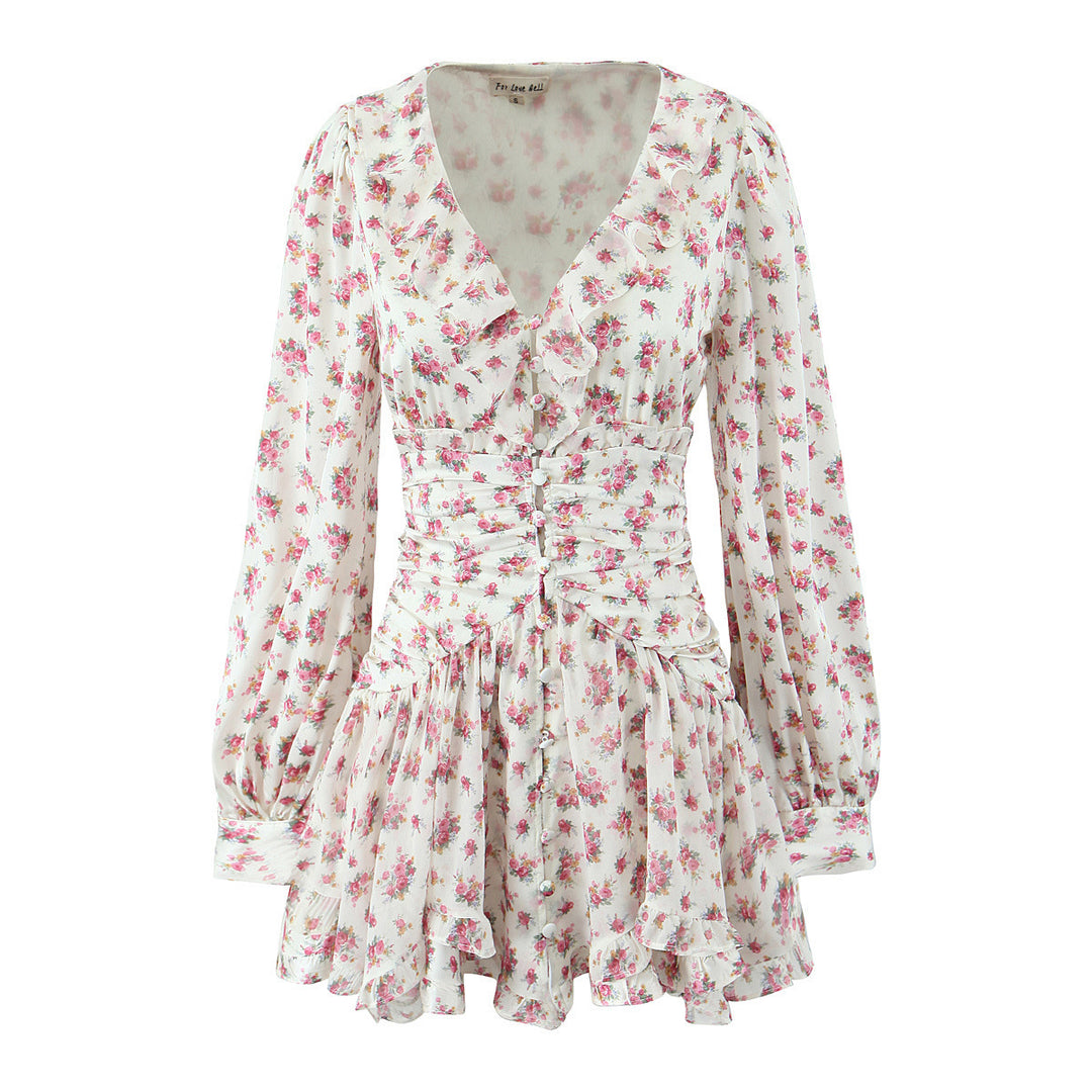 Femme Rüsch Blomster Mini Kjole med Knapdetaljer Stilla
