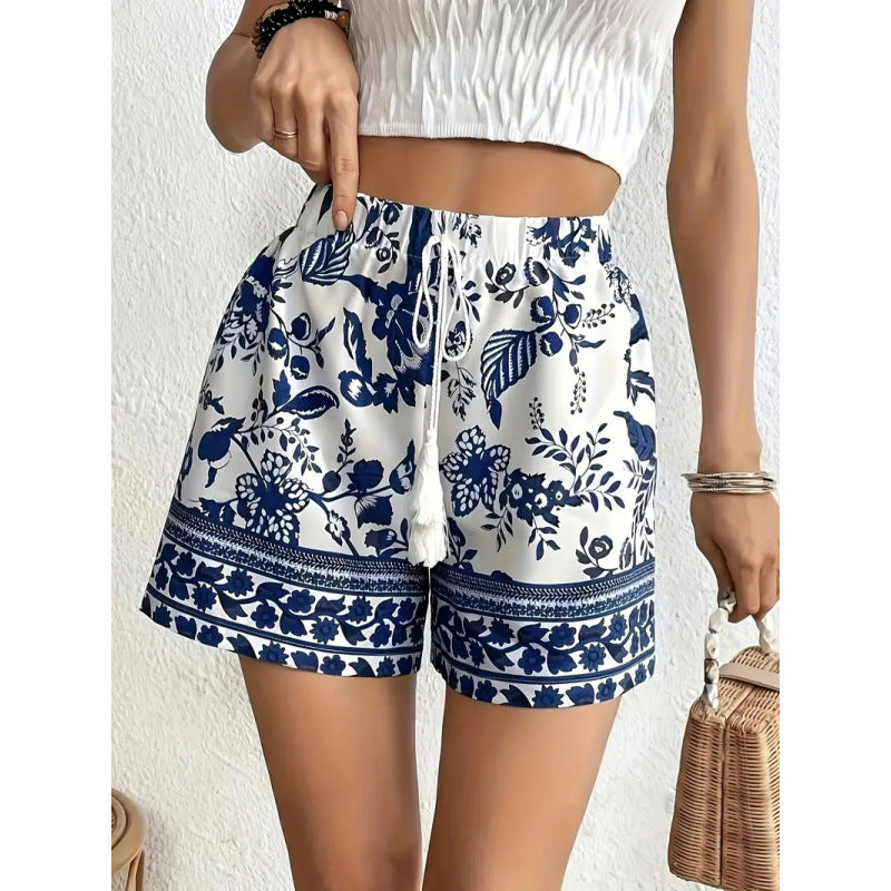 Dame fritidsshorts med blomstermønster og elastisk talje Skovae