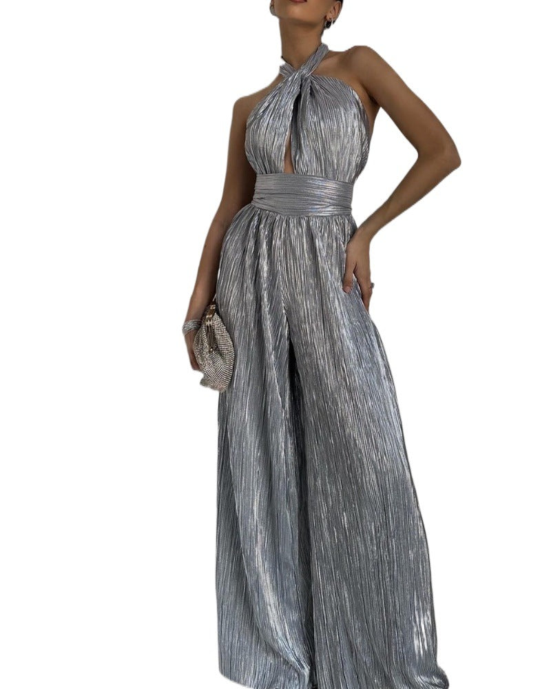 Damer glamourøs jumpsuit med glitrende stof og dyb kerneudskæring Skovae