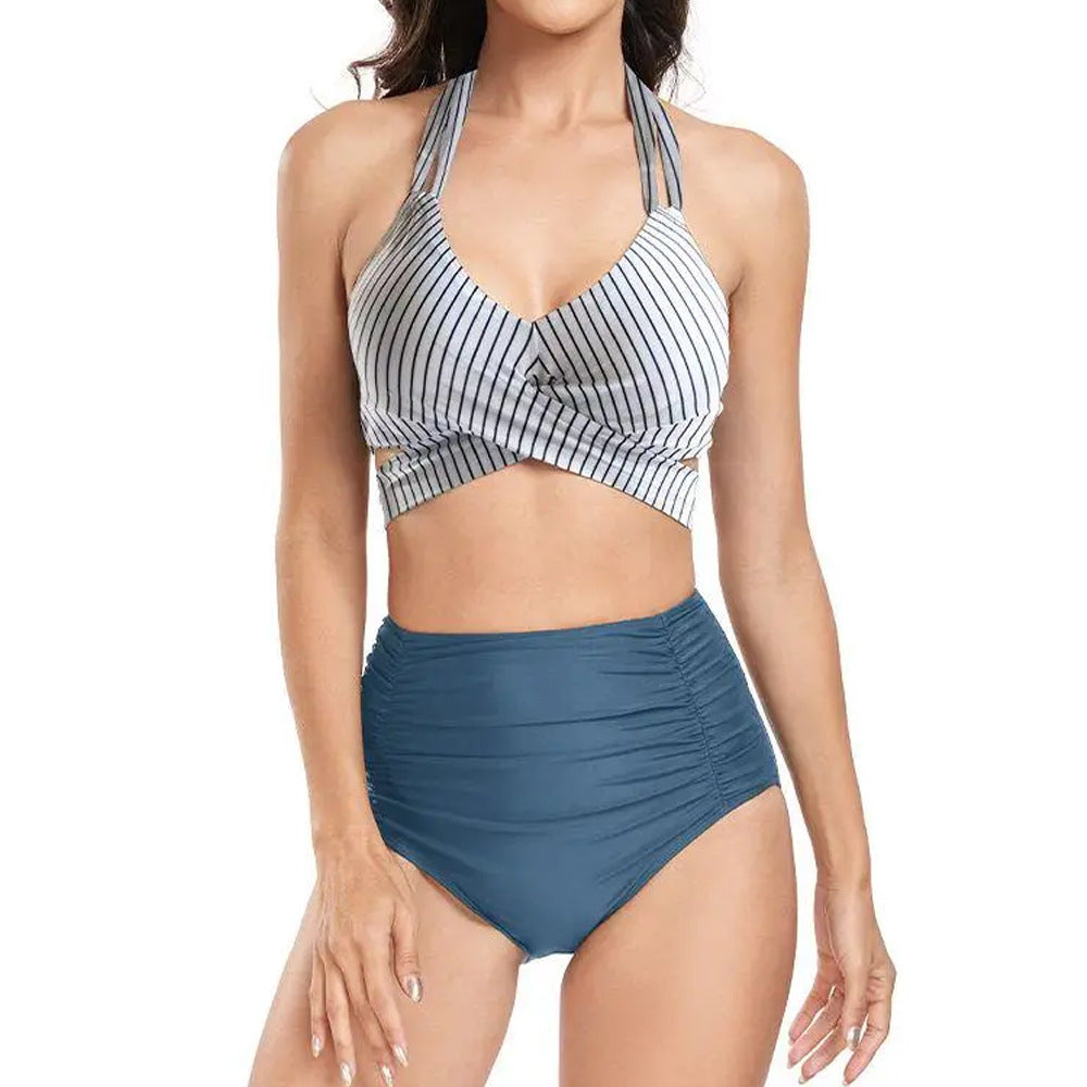 Dame højtaljet bikini-sæt med trendy indpaknings-top og floral print Stilla
