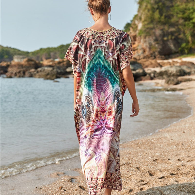 Dame luftig strandponcho med kunstneriske mønstre Stilla