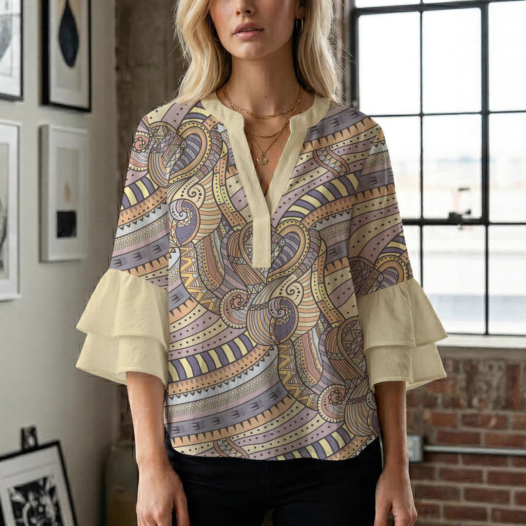 Dame elegant top med voluminøse flæsekanter og blomsterdesign Skovae