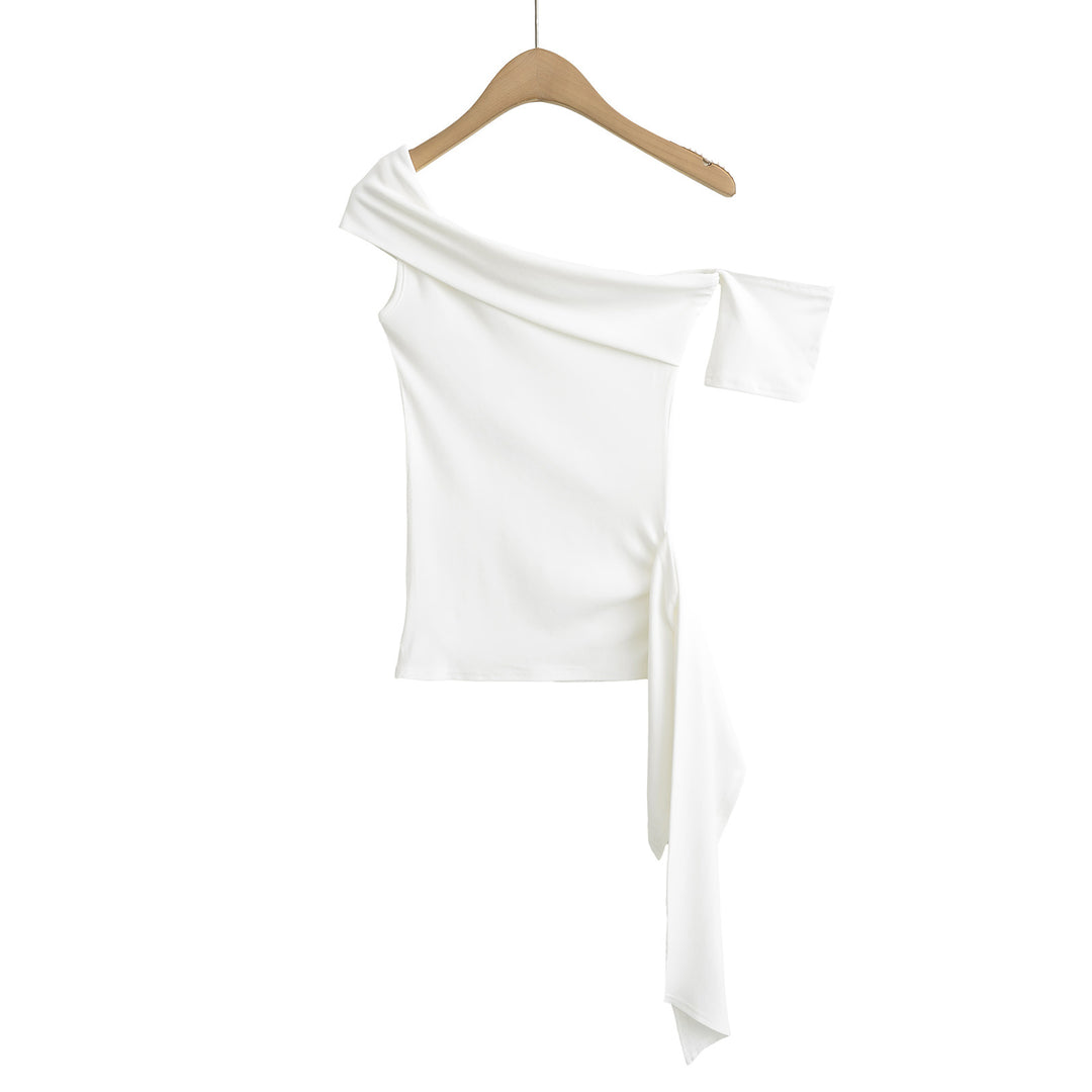 Damer elegant Off-Shoulder overdel med svingende kant og moderne bindebælte Stilla