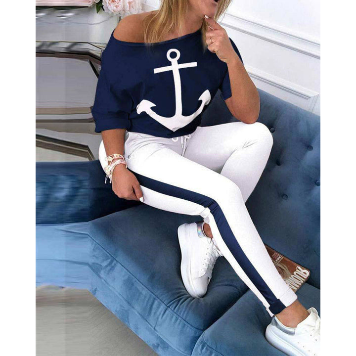 Dame Casual Nautik Grafik T-shirt og Joggingdragt Sæt Stilla