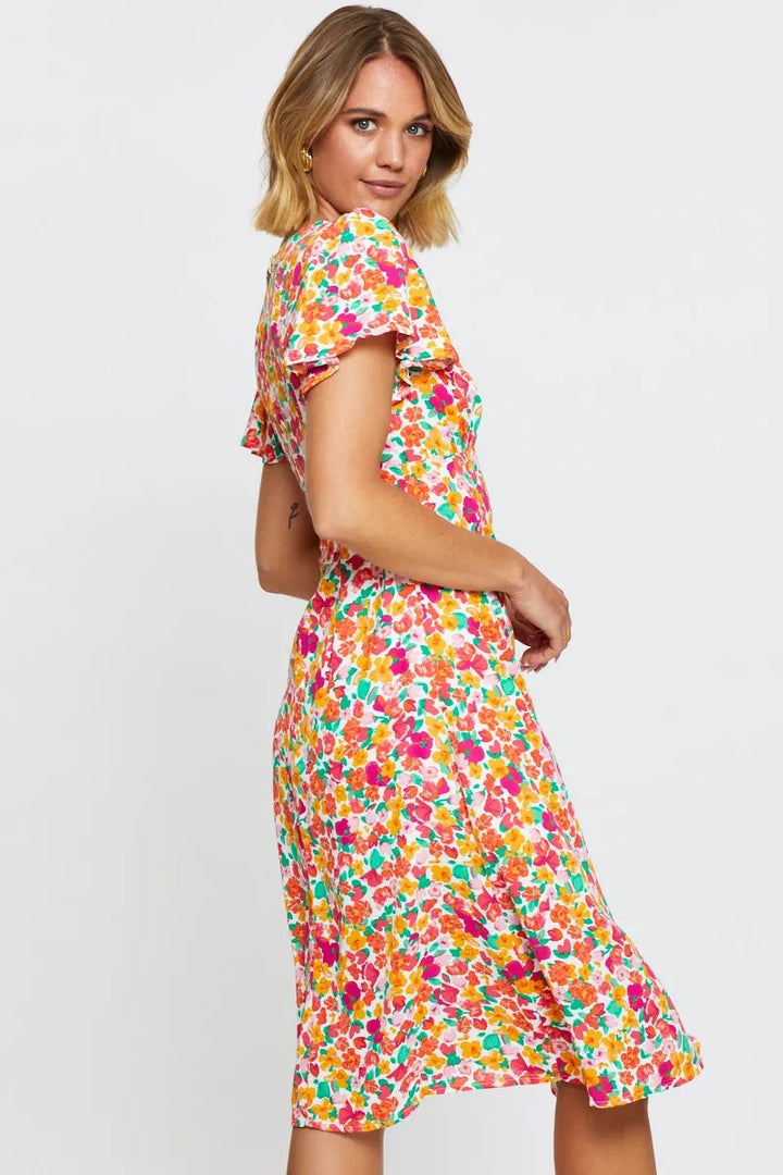 Dame floral print midi kjole med sideslitz og flæseærmer Stilla