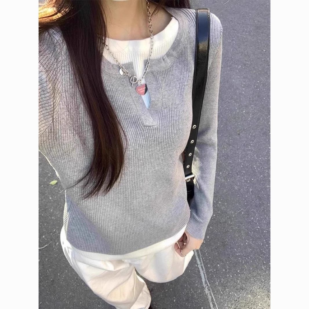 Dame fint strikket pullover med V-hals og ribstruktur Stilla