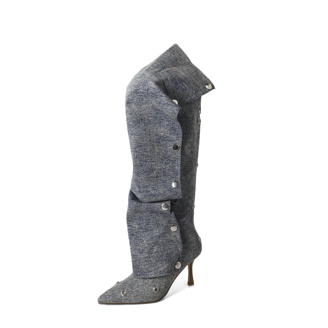 Femme Over-knæet Denim Stiletto Støvler med dekorativ knapdesign Stilla