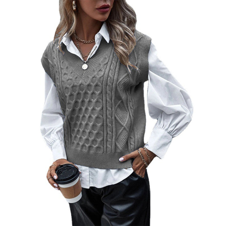 Damestrikpullover med fletmønster og V-hals Stilla