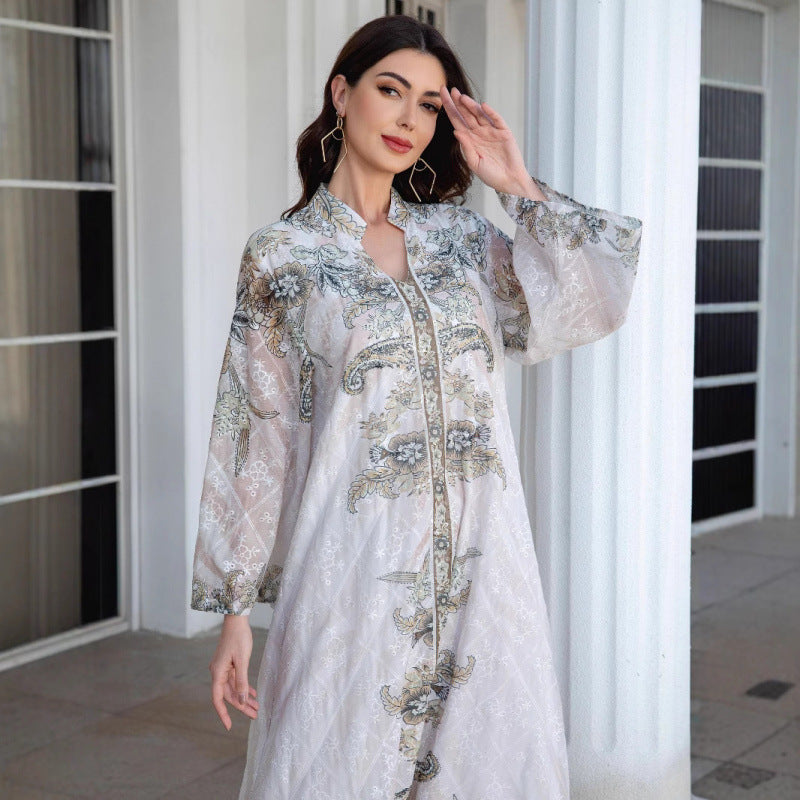 Dame Elegant Kaftan med blomsterdesign og transparente ærmer Skovae