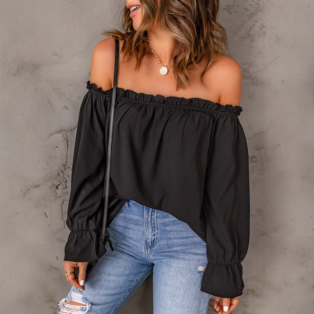 Dame Off-Shoulder Bluse med flæsedetaljer og elastiske ærmer Stilla
