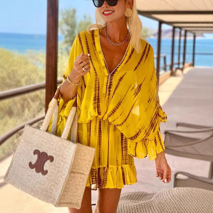 Dame Sommerligt Kaftan-Kjole med flydende snit og flæse-detaljer Stilla