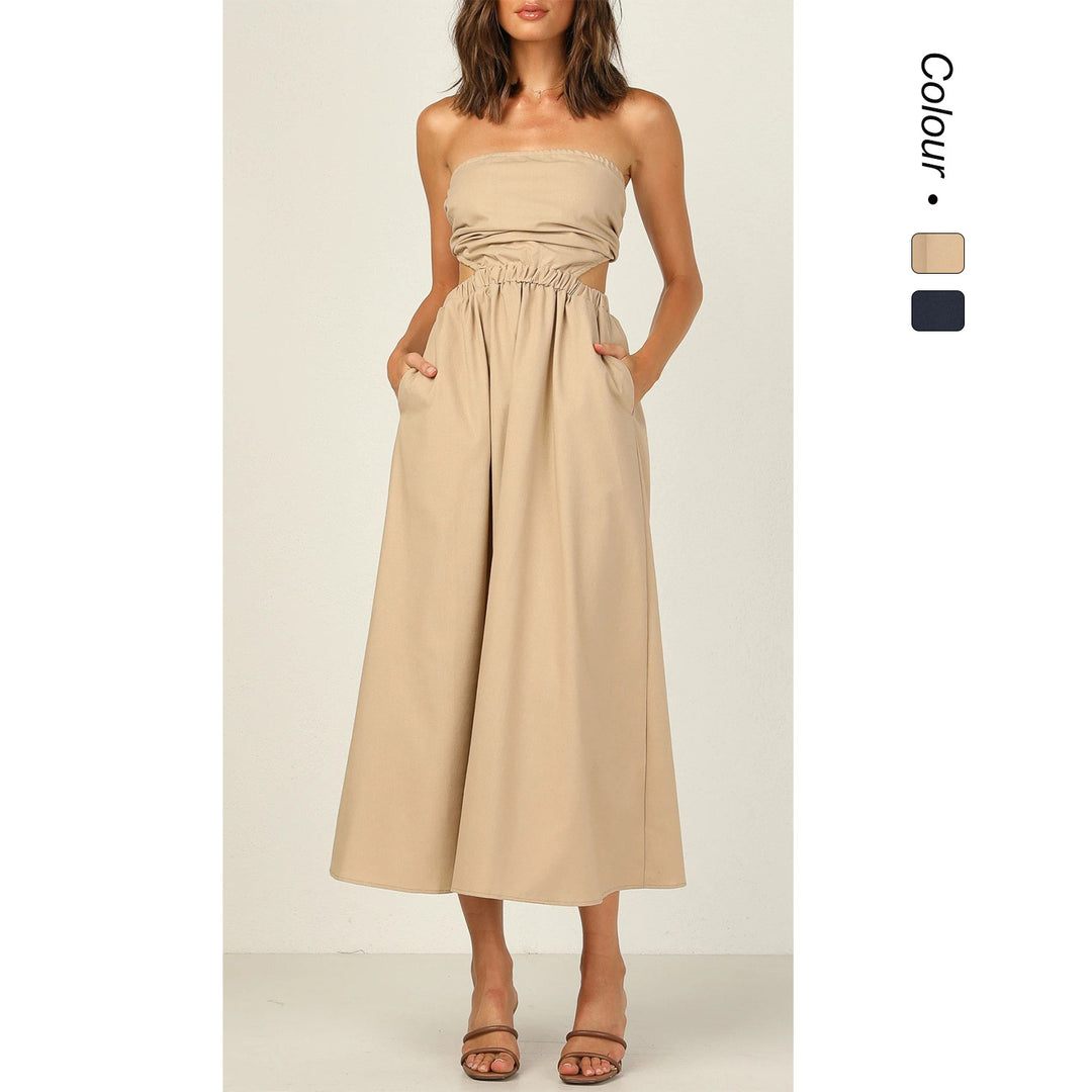 Women Strapless Maxi Dress with Side Cut-Out and Practical Pocket Design Skovae