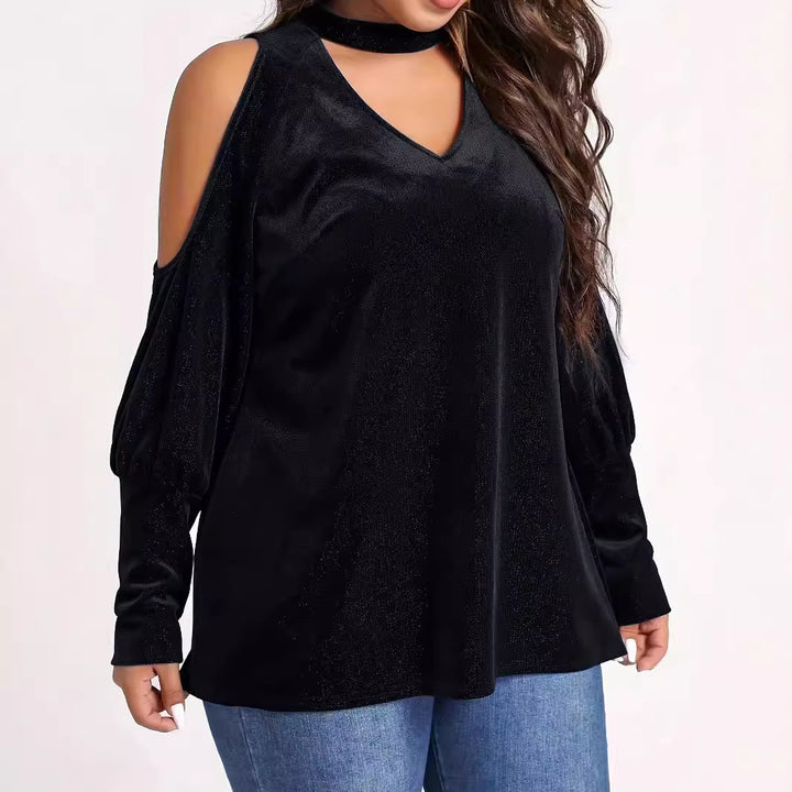 Dame elegant V-hals top med cut-out ærmer og glinsende materiale Stilla