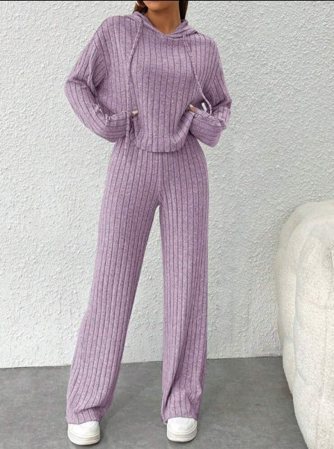 Dame Blødt Strik-Loungewear-Sæt med bredt bånd og ribbet design Stilla