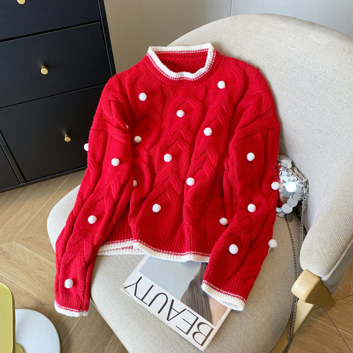 Kvindernes strikkede sweater med dobbelt kabelstruktur og dekorative pomponer Stilla