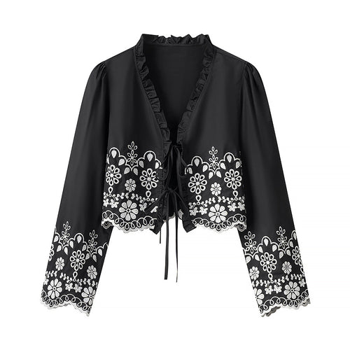 Femme Broderet Crop-Jakke med Rynke Spejl Stilla