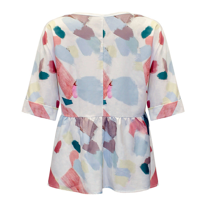 Stilla | Elegant V-hals 3/4 Ærme Plisseret Trykt Løs Bluse Top
