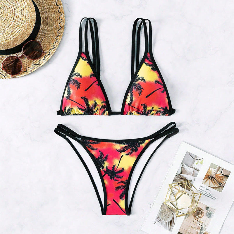 Dame Triangel-Bikini med dobbelt stropper og trendy palmeprint Skovae