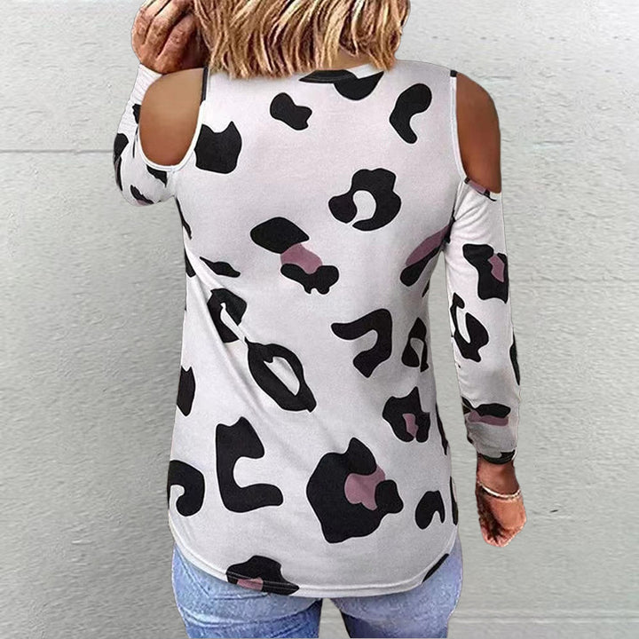 Dame langærmet shirt med fashionable cut-outs og moderne leopardmønster Stilla
