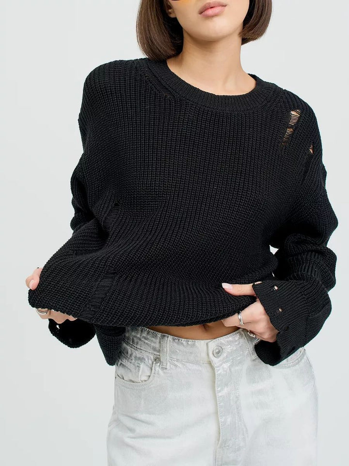 Dame afslappet striktrøje med trendy vaffelmønster og mode cut-out dekorationer Stilla