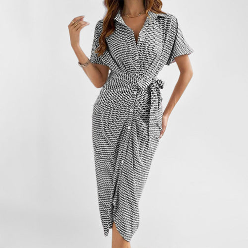 Dame skjortekjole med flot bindebælte og elegant tryklook Stilla