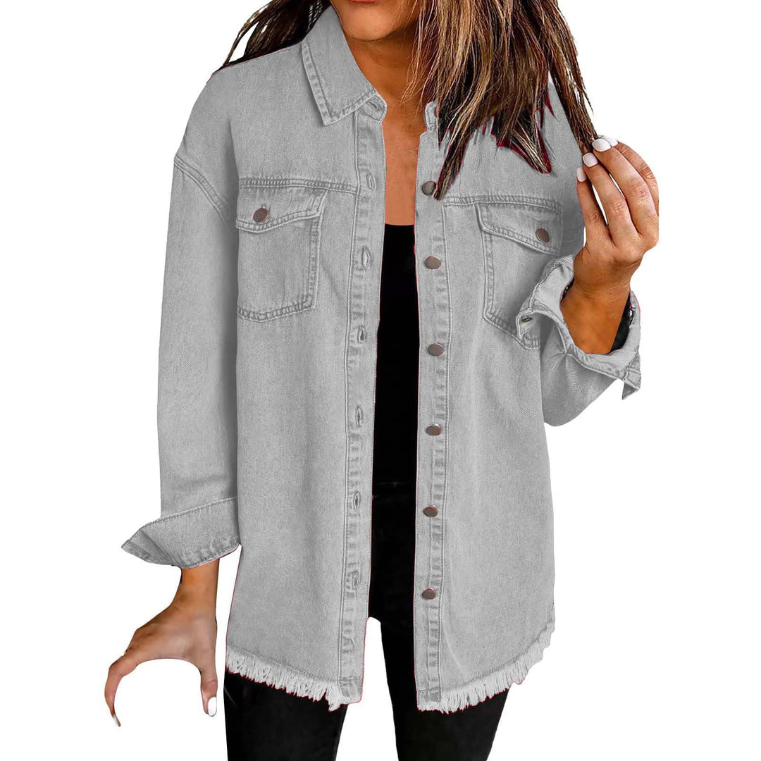 Dame Denim Skjortejakke i afslappet Oversized-stil med frynser Stilla