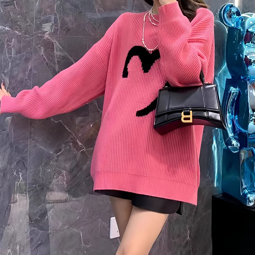 Kvinders oversized sweater med strikket smiley mønster Stilla