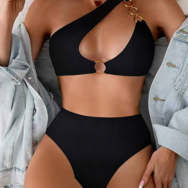 Femme En-skulder Højskåret Bikini-sæt med Ringdetalje Stilla