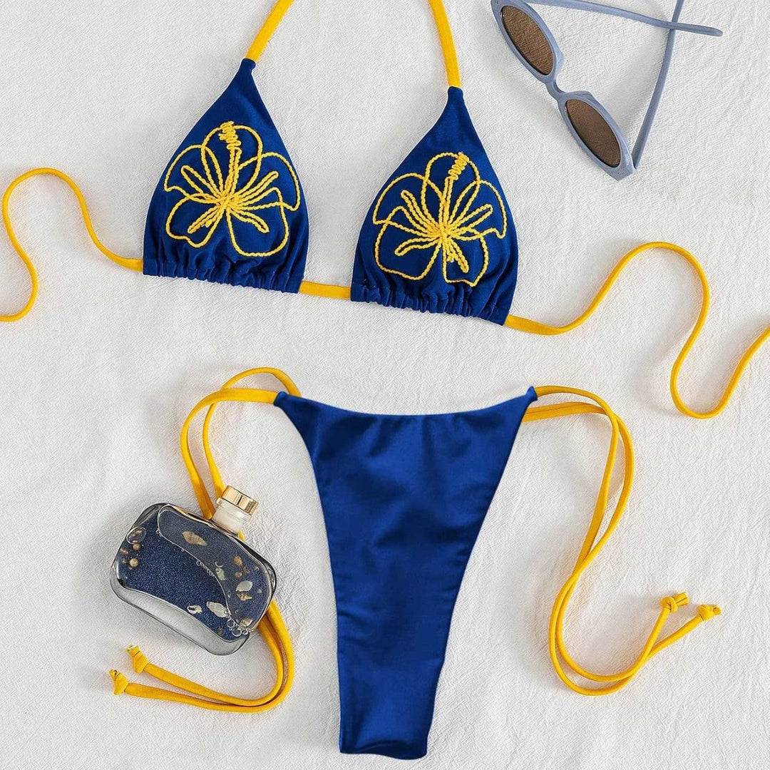 Dame trekant-bikini med florale broderier og justerbare stropper Skovae