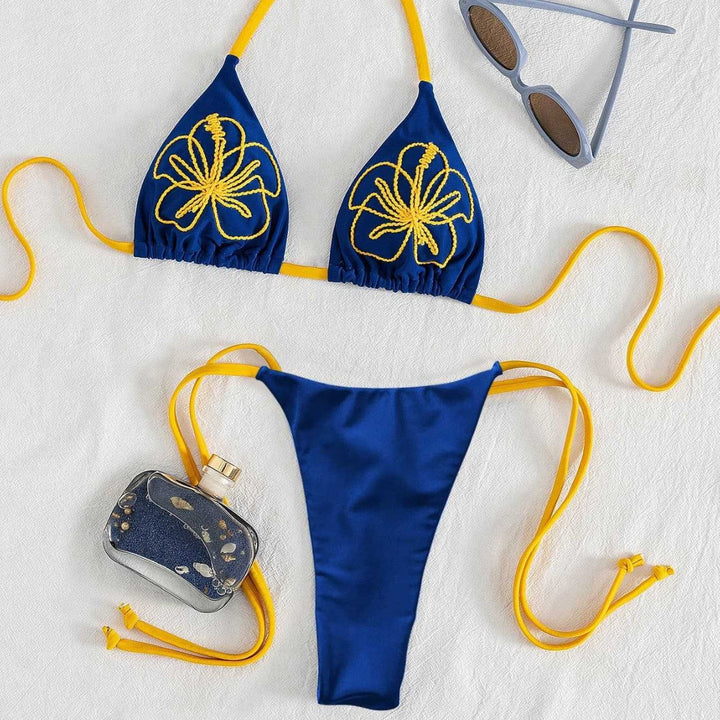 Dame trekant-bikini med florale broderier og justerbare stropper Skovae