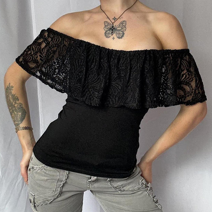 Damer Off-Shoulder Overdel med flæsedetaljer og elegante spidsakcentuer Skovae