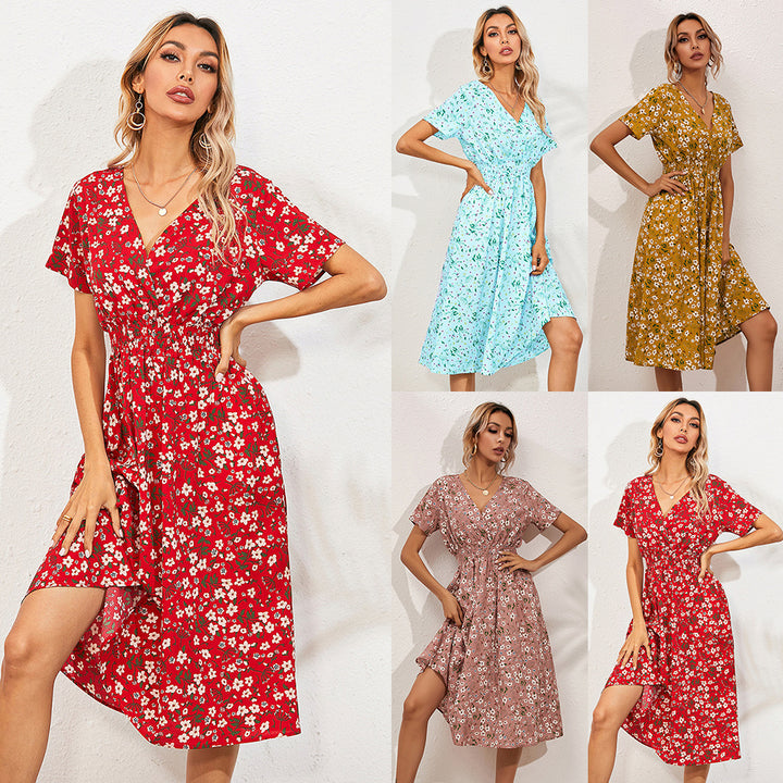 Dame Floral Print Smocked Waist Wickelkjole Stilla