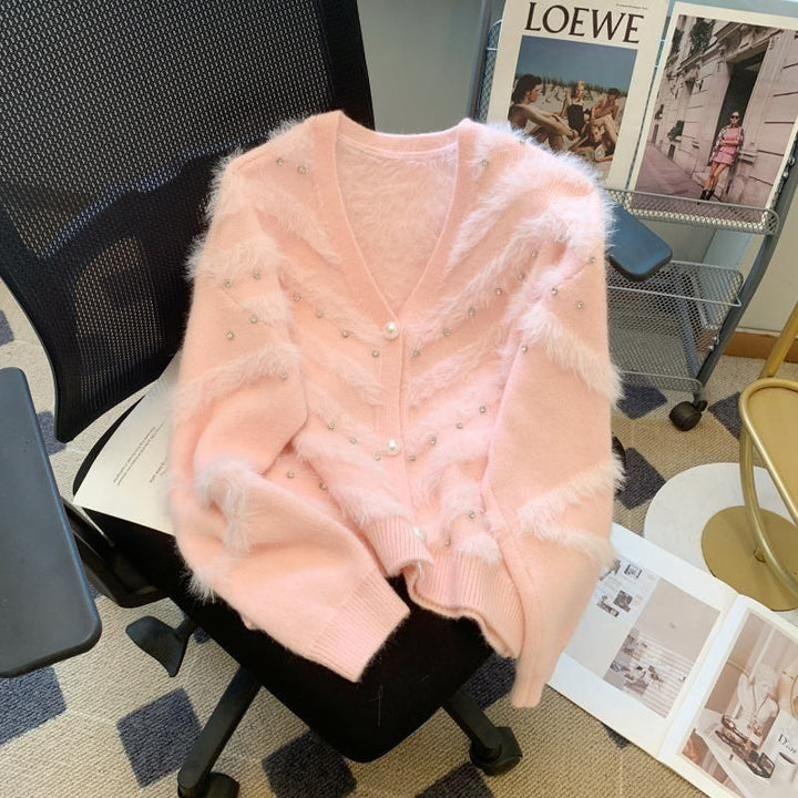 Damer Fluffy Cardigan med Perler Stilla